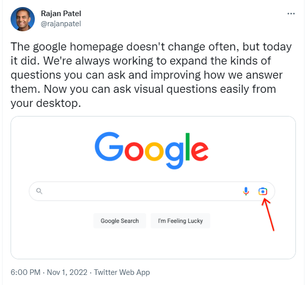Tweet von Rajan Patel, Google Lens