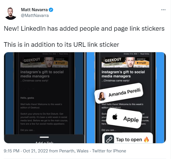 Tweet zu neue Link Sticker Option bei LinkedIn