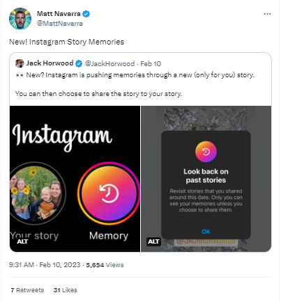 Die Grafik zeigt ein Post von Matt Navarra via Twitter über die neue Funktion Instagram Story Memories
