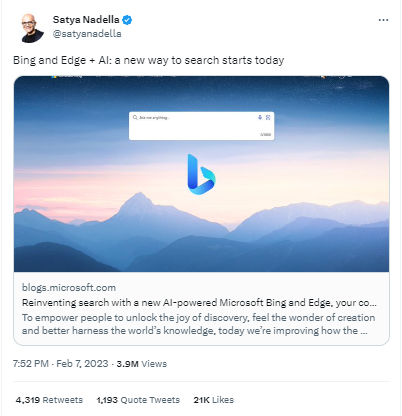 Twitter post von Satya Nadella über die AI integration in Bing