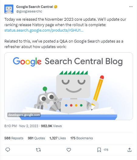Beitrag von Google zum November Core Update 2023