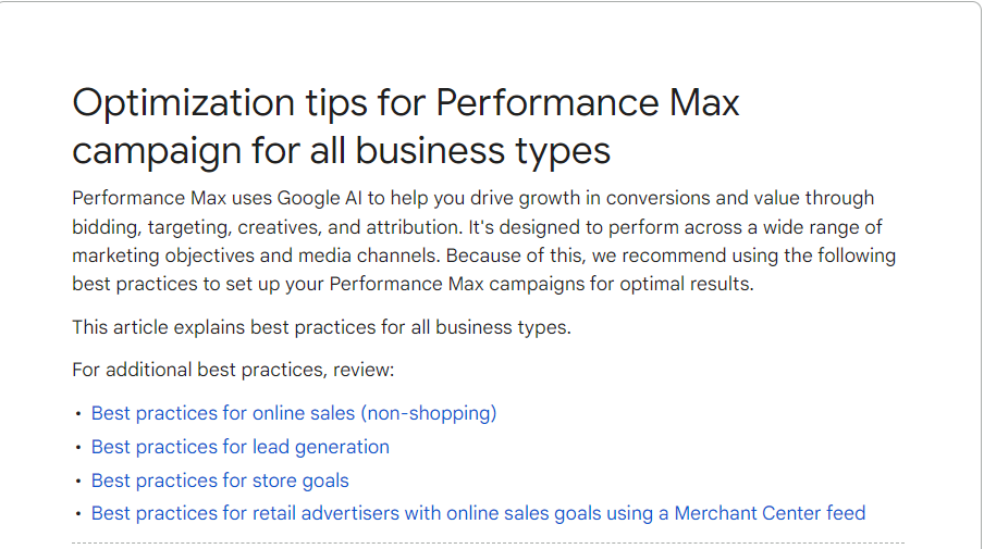Die Grafik beinhaltet Tipps für die Optimierung von Performance Max Kampagnen