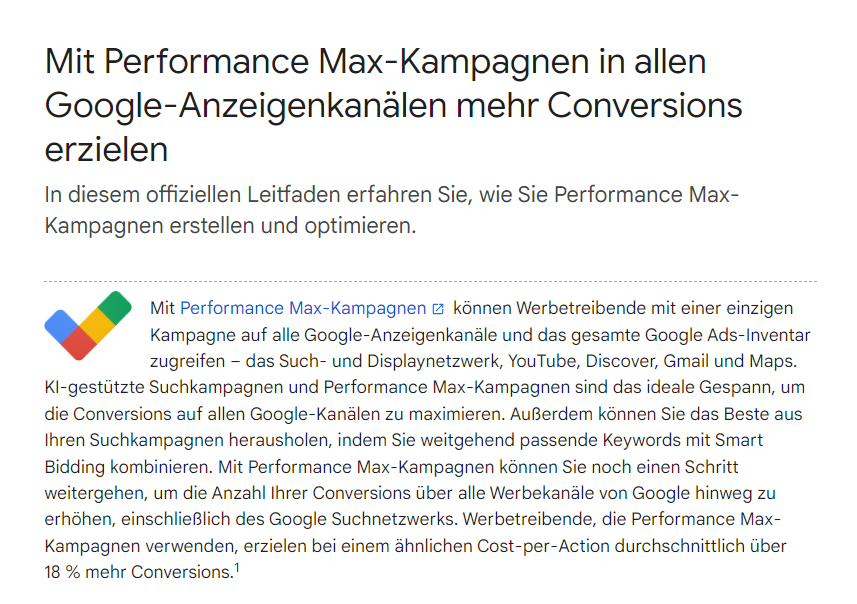 Bild von Google Support bezüglich Performance Max-Kampagnen