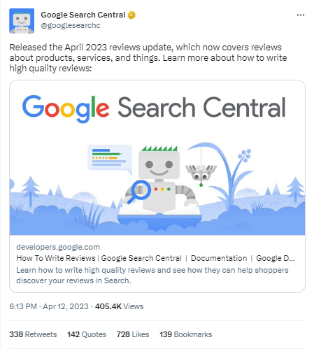 Die Grafik zeigt einen Beitrag von Google über das neue Review Update