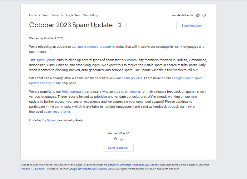 Screenshot Oktober 2023 Spam Update