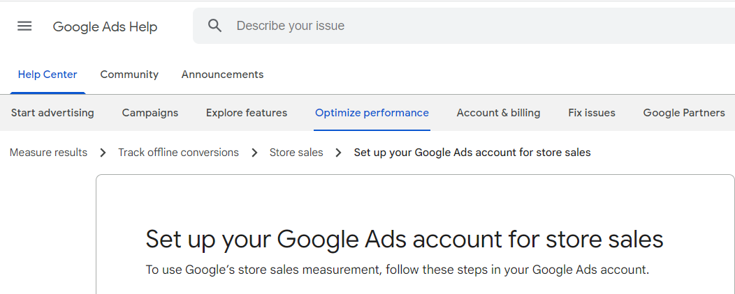 Ausschnitt von Google um einen Google Ads Account für store sales aufzubereiten
