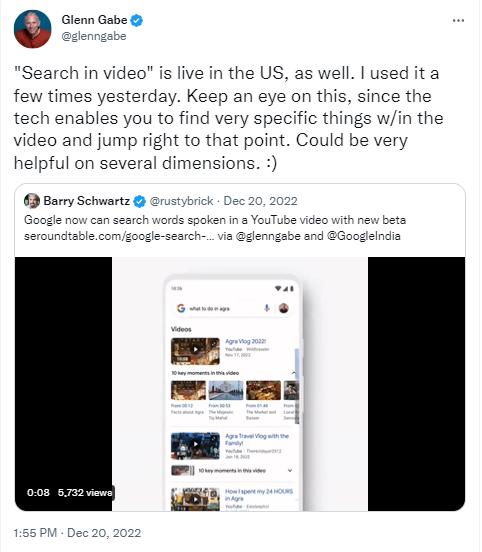 Post via Twitter von Glenn Gabew über seine neuste Entdeckung „Search in video“