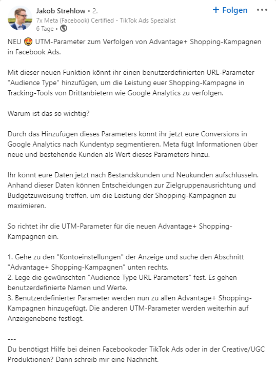 LinkedIn Beitrag von Jakob Strehlow über UTM-Parameter und Shopping-Kampagnen in Facebook Ads.