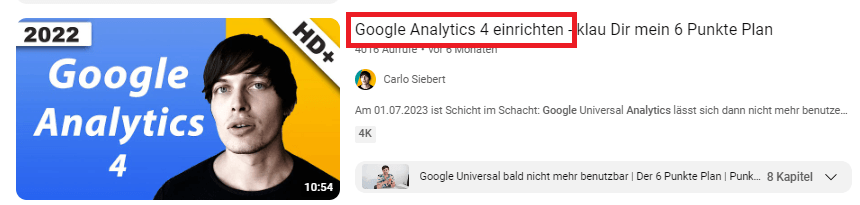 Screenshot von YouTube über das Einrichten von Google Analytics 4