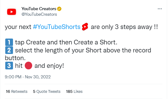 Tweet von YouTube über das erstellen von YouTube Shorts