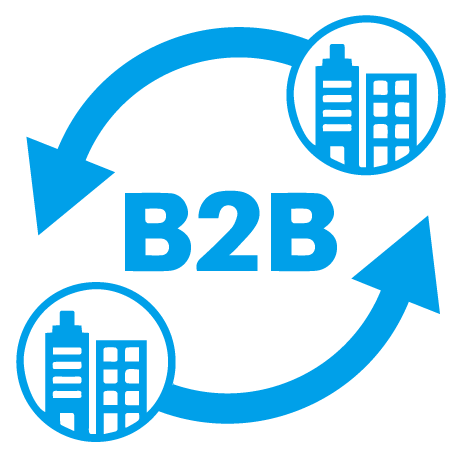 ein blaues b2b-Symbol mit zwei Pfeilen und Gebäuden