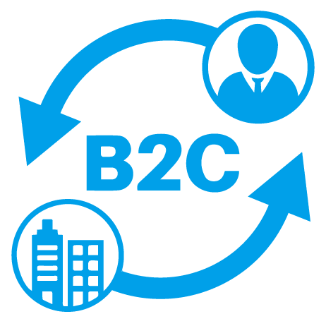 ein blaues b2c-Logo mit einem Mann und einem Gebäude
