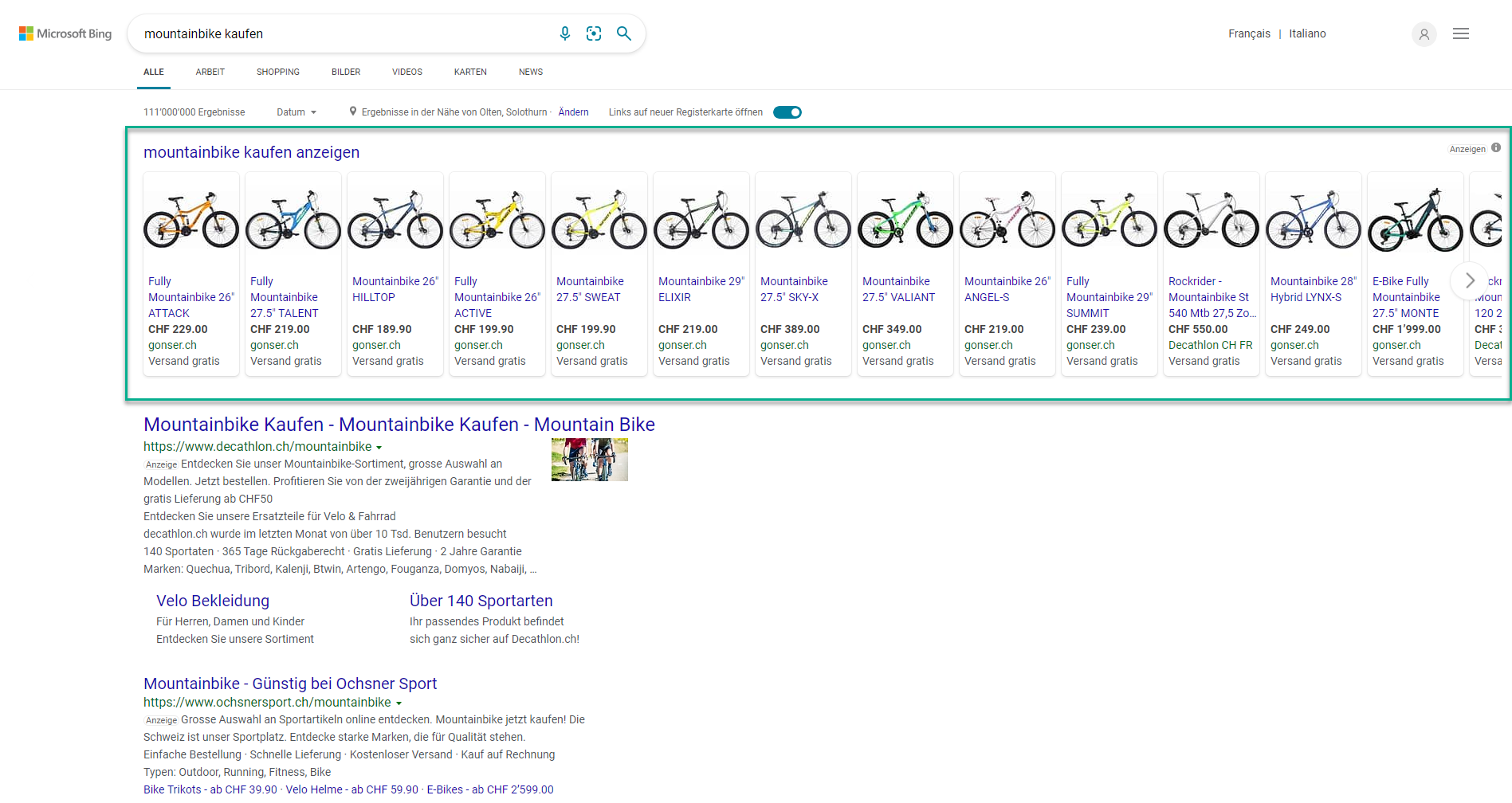 Suchanfrage Mountainbike kaufen bei Suchmaschine Bing