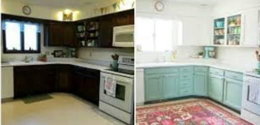 Before-and-after kitchen remodel. Dark wood cabinets replaced with teal lowers, white uppers. Pink rug added.