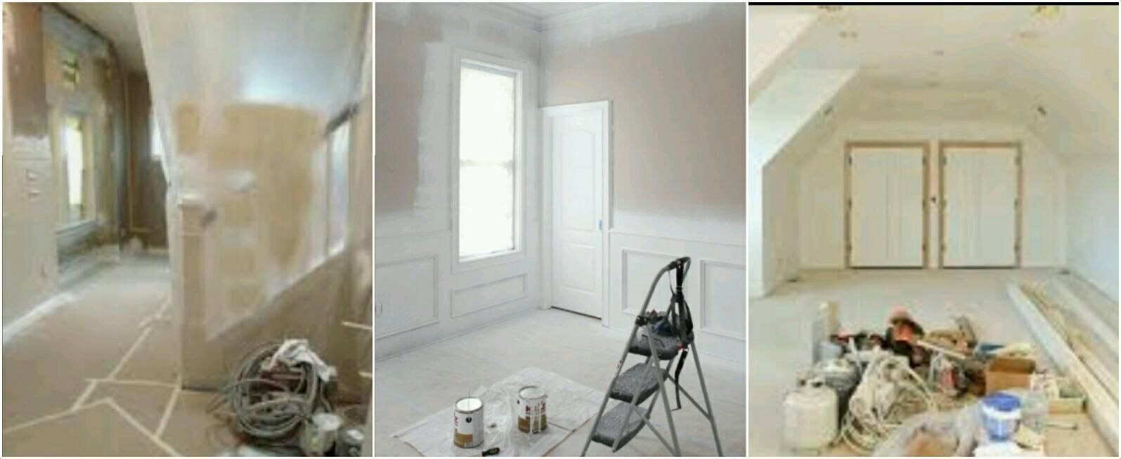 Three interior home renovation scenes: hallway, room with ladder, and attic room with supplies.