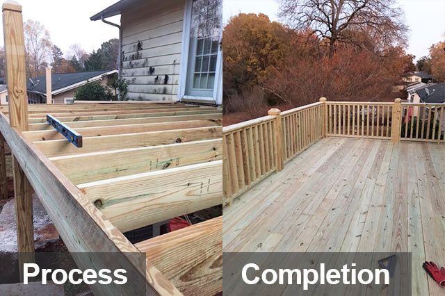 Deck construction: process and completed stages. Wooden deck frame in progress, finished deck with railing.