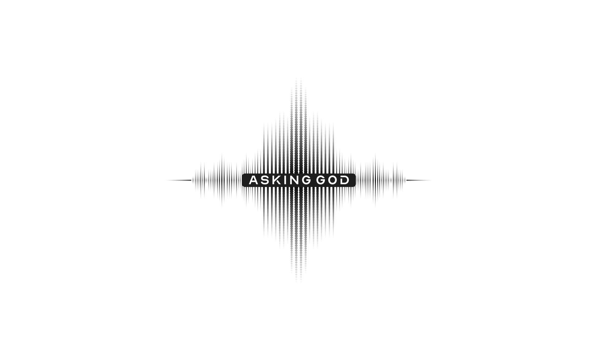 Black soundwave logo centered on a white background with small text across the middle