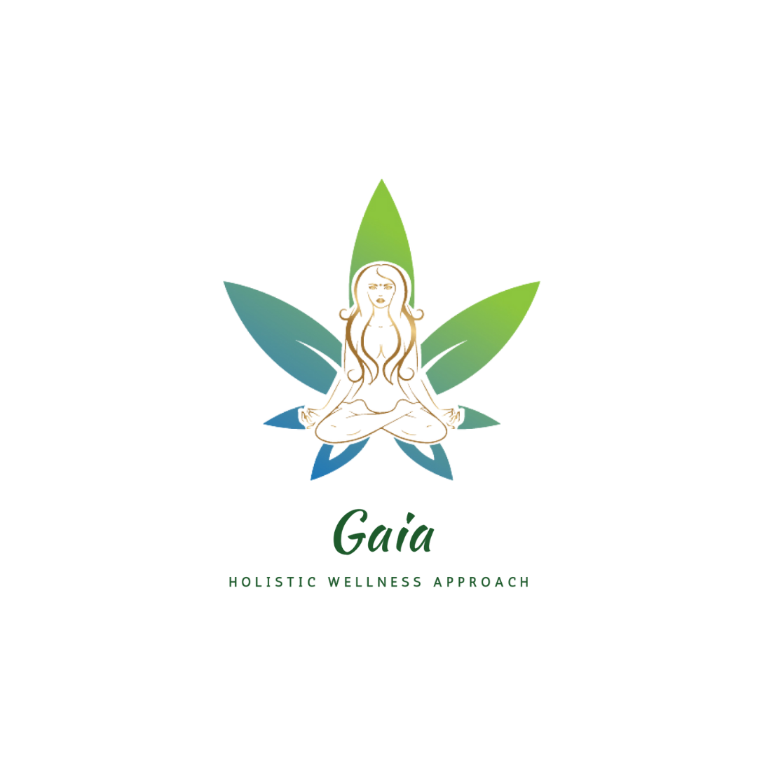 Gaia logo with a seated meditating figure over green and blue leaves, “Holistic Wellness Approach” text