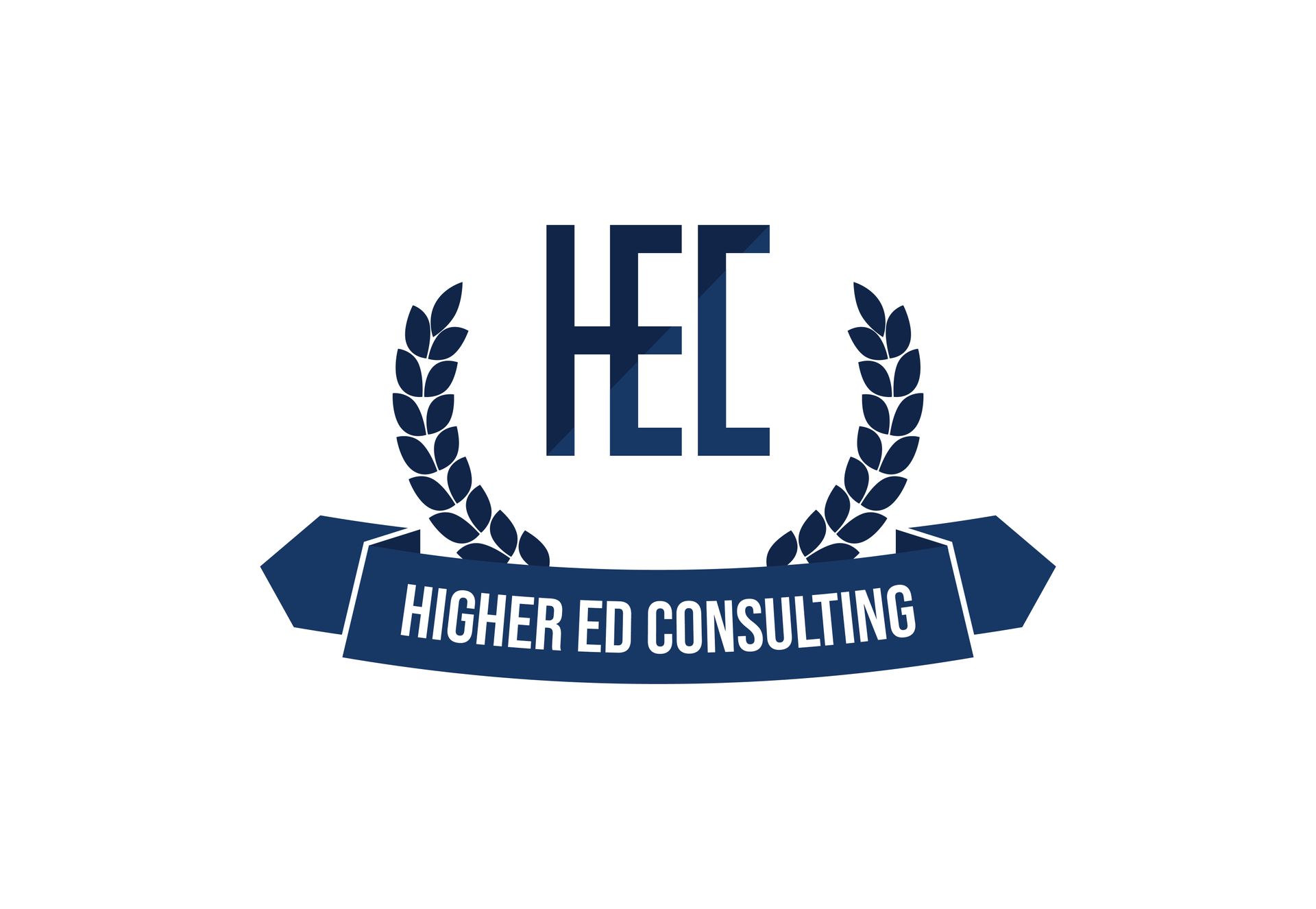 HEC logo with laurel branches and a blue banner reading “Higher Ed Consulting”