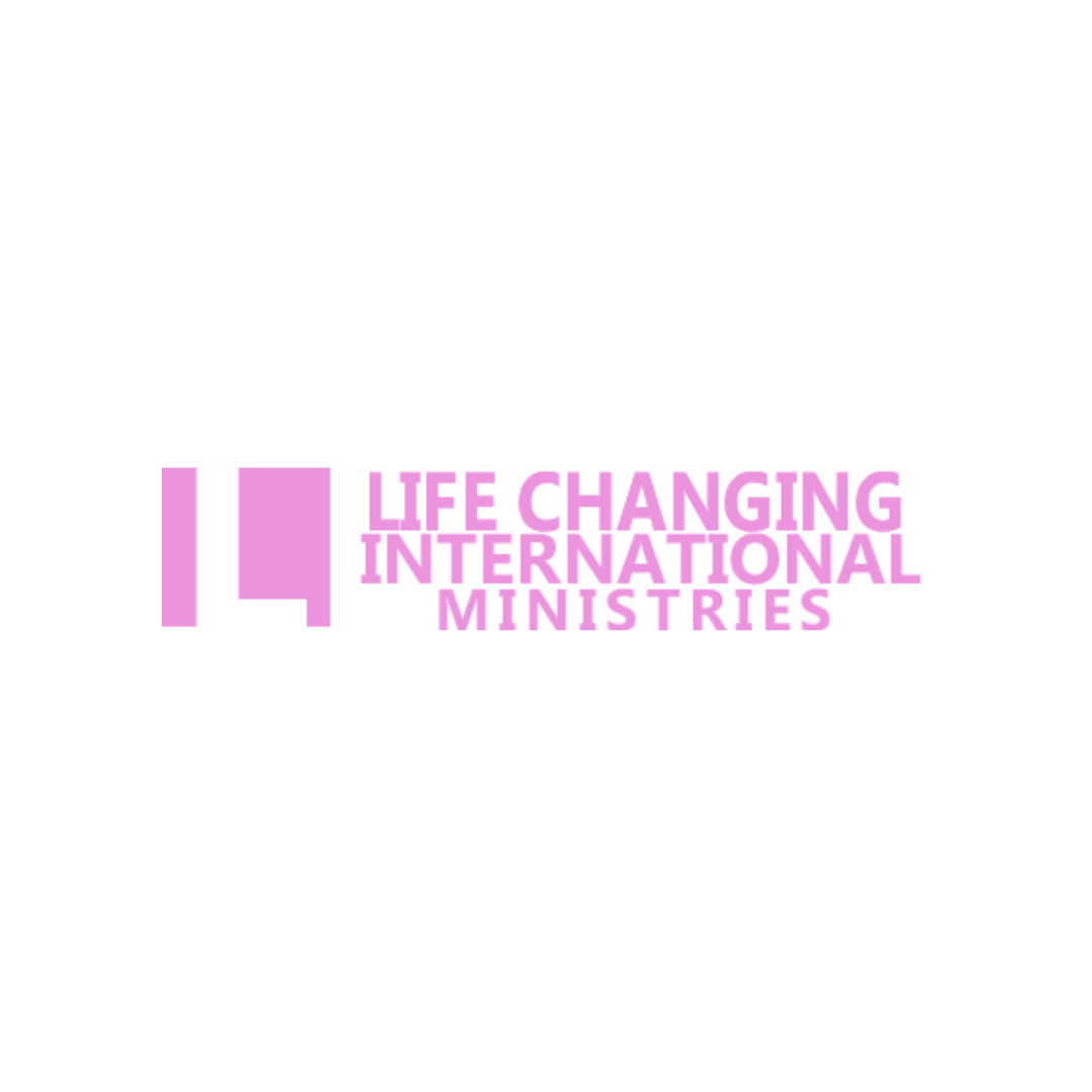 Pink logo with stylized book icon and the text “Life Changing International Ministries” on a white background