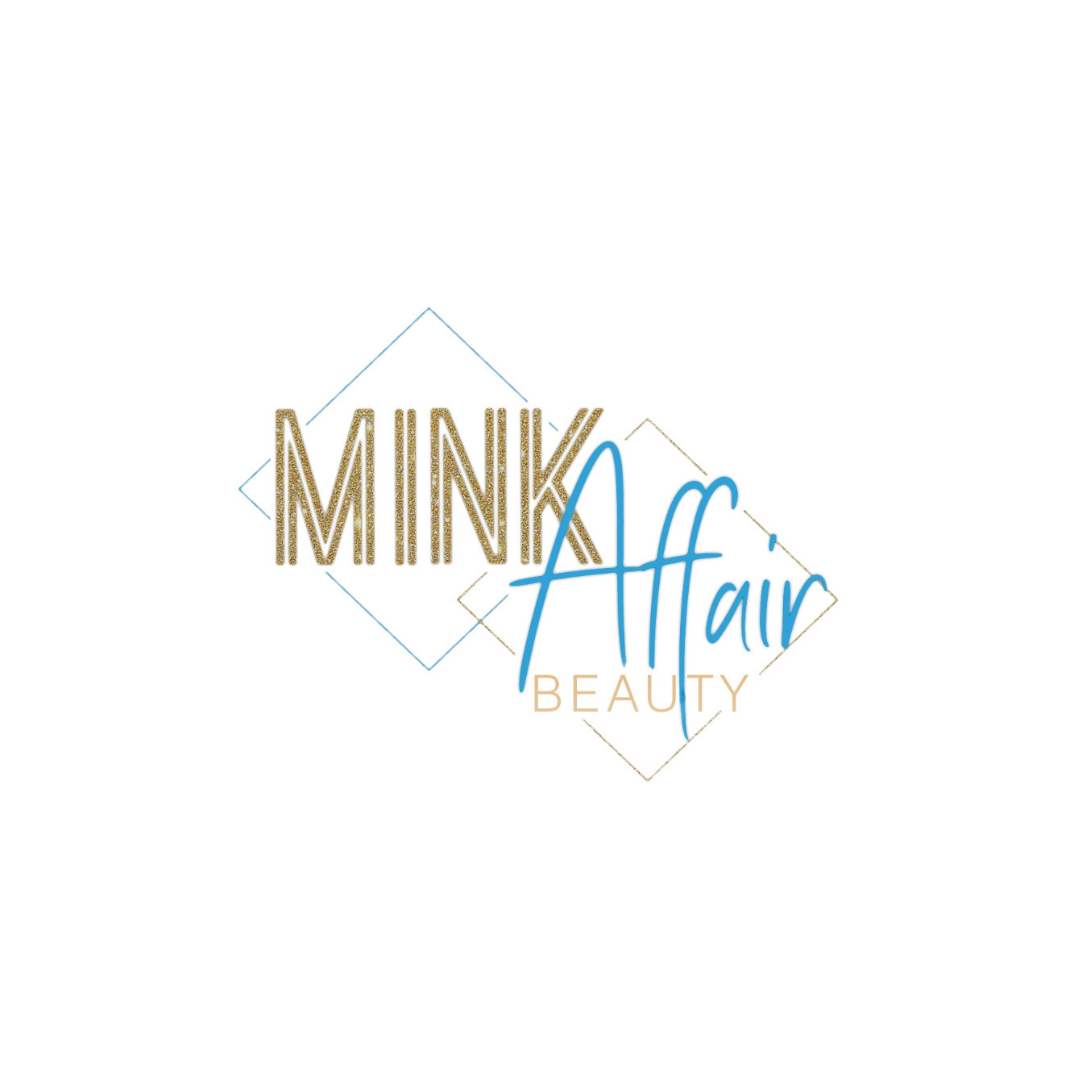Mink Affair Beauty logo with gold and blue text over faint diamond outlines