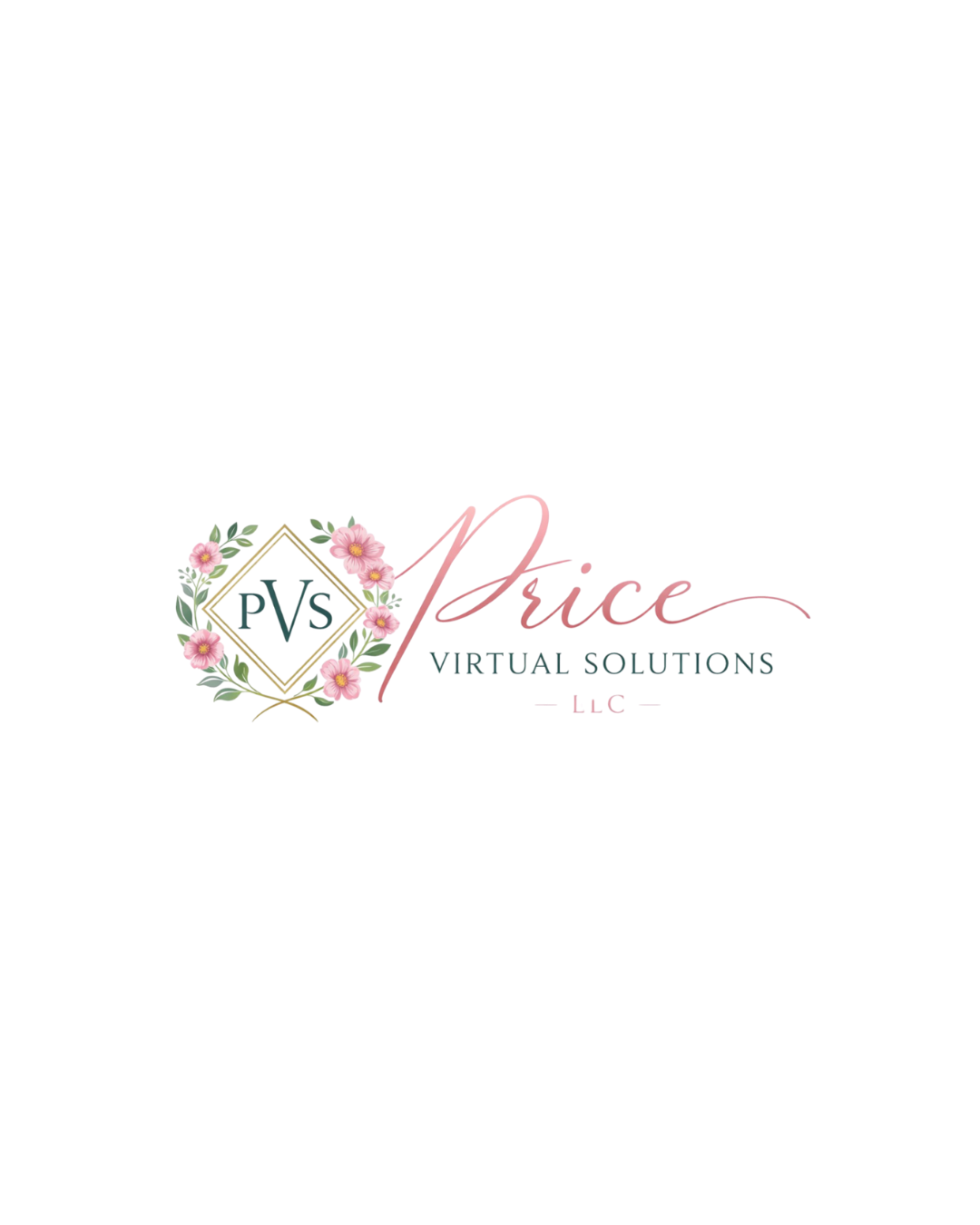 Pink floral logo for VNice Virtual Solutions with elegant script text on a white background