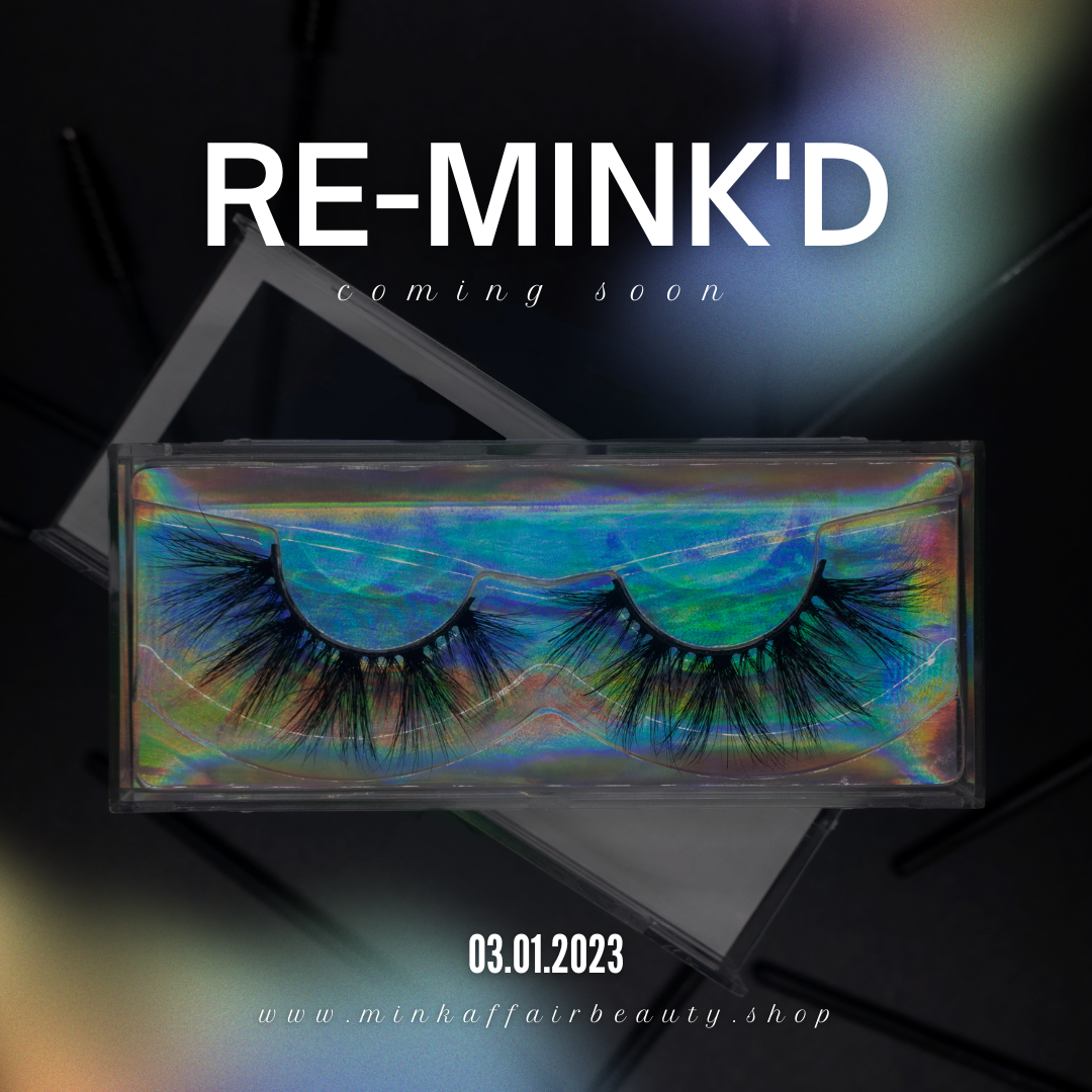 Colorful iridescent false eyelashes in a black box, with “RE-MINK’D” branding and date 03.01.2023
