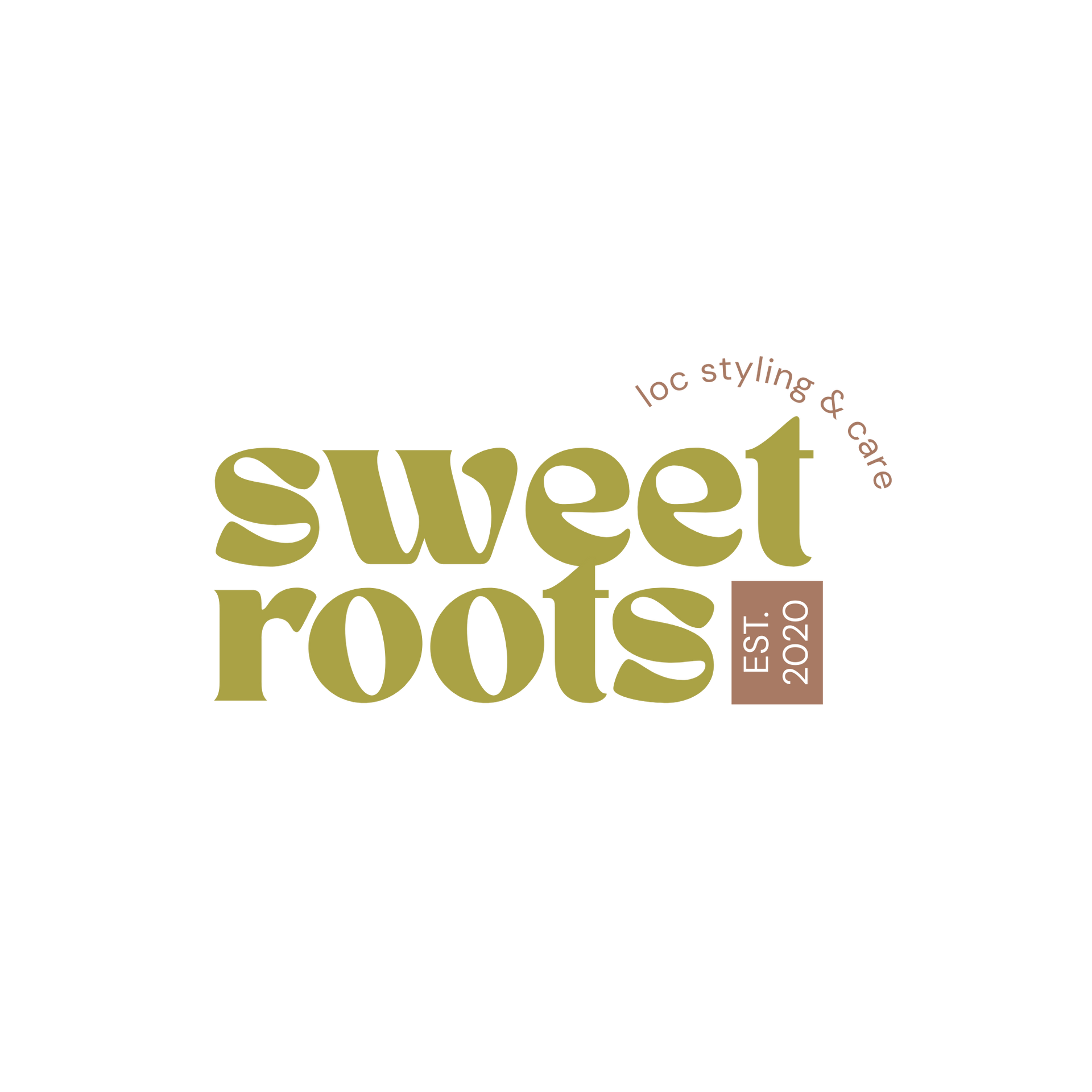 Logo for Sweet Roots, olive-green text with a small tan “est 2024” badge and curved “too styling too” text
