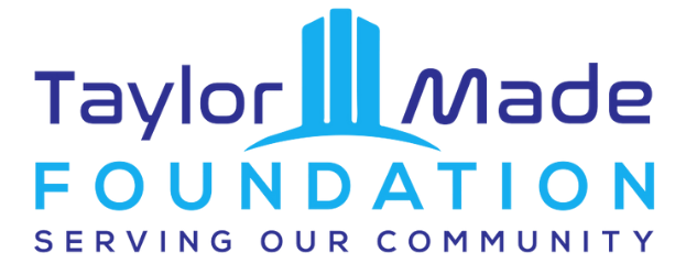 Taylor Made Foundation logo in blue and purple with the tagline “Serving Our Community”