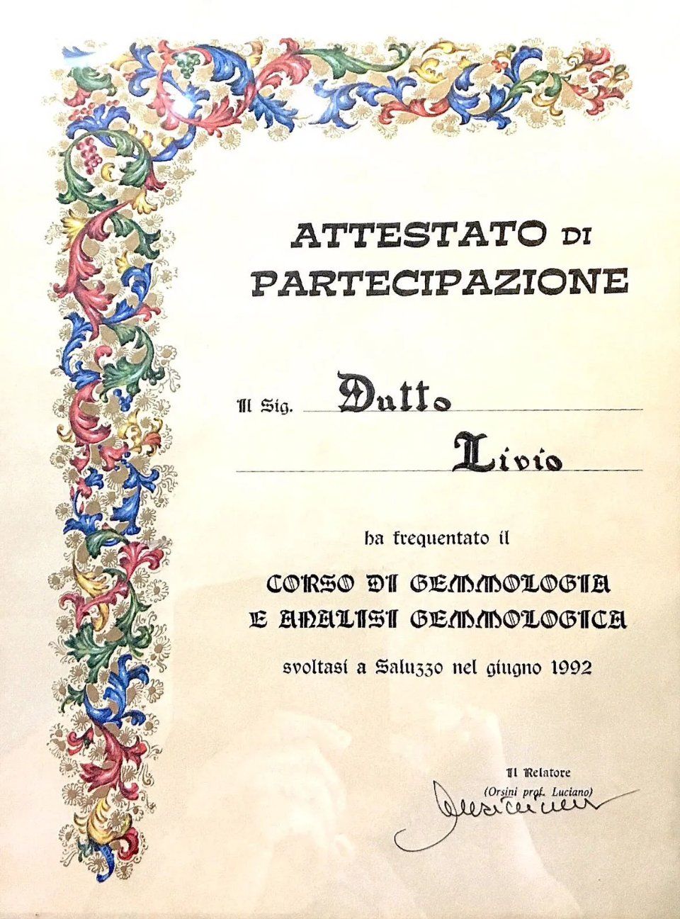 Attestato corso di gemmologia
