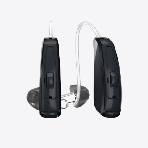 Two black behind-the-ear hearing aids connected by a thin tube.