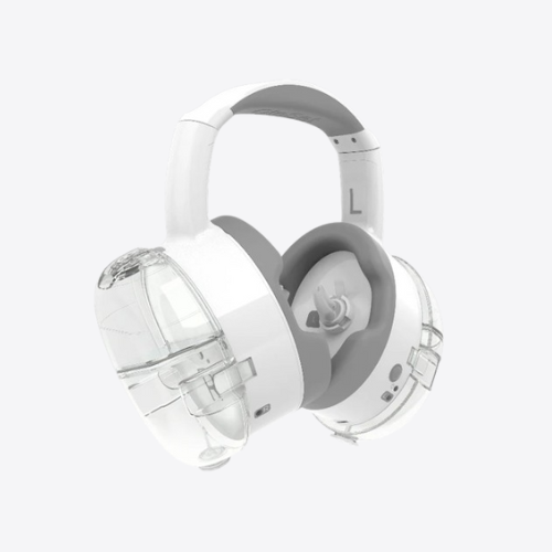 White over-ear headphones with translucent earcups, showing internal components. Gray padding, white headband.