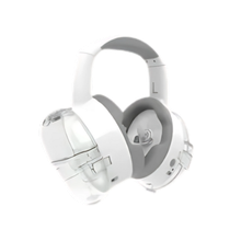 White and gray over-ear headphones, partially transparent earcups, angled against a white background.
