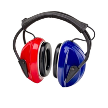 Red and blue earmuffs with black padding and headband.