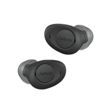 Two black Jabra wireless earbuds against a white background.