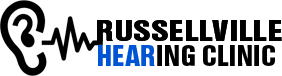Logo for Russellville Hearing Clinic. Features an ear icon, sound wave, and text. The word