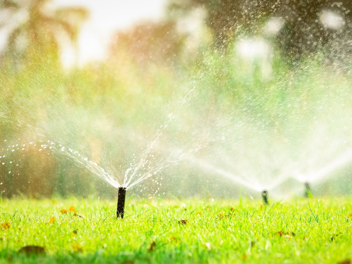 Sprinklers watering a bright green lawn in soft sunlight
