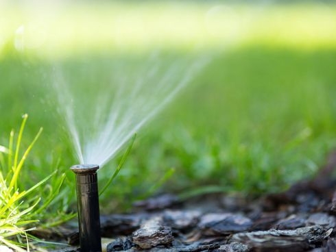 Lawn sprinkler spraying water over green grass and wet soil