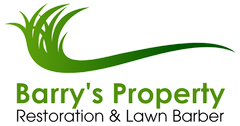 Barry's Property Restoration & Lawn Barber logo with green grass graphic and black text