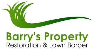 Logo for Barry’s Property Restoration & Lawn Barber with green grass graphic and black subtitle text
