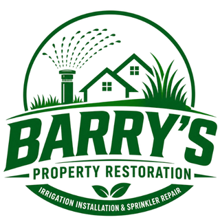 Logo for Barry’s Property Restoration & Lawn Barber with green grass graphic and black subtitle text