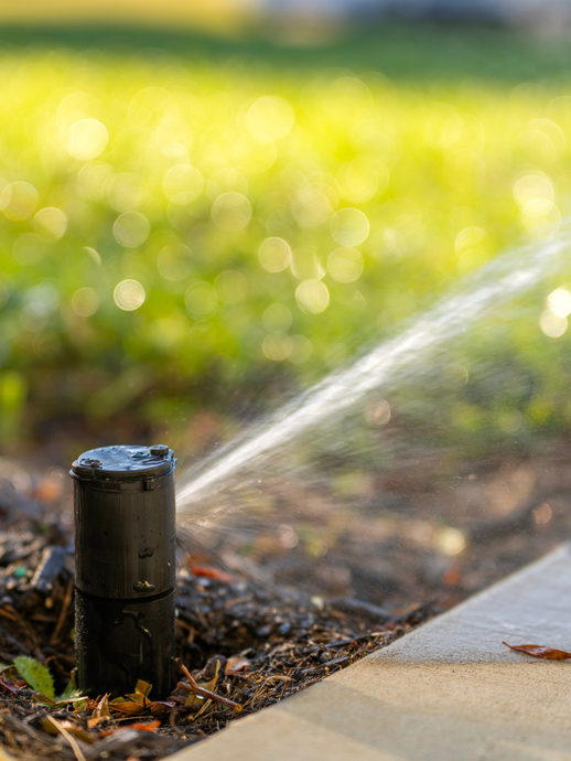 Sprinkler spraying water over a lawn beside a sidewalk in daylight