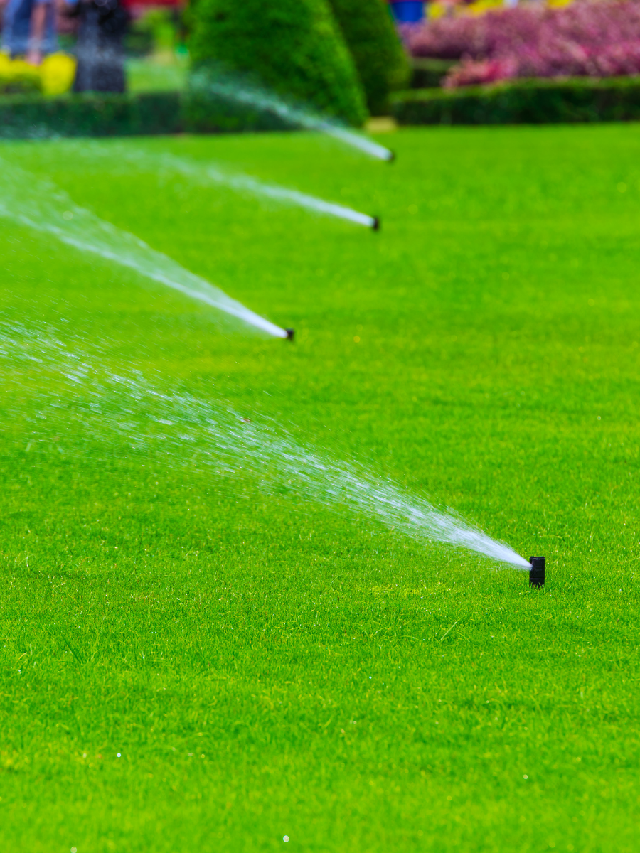 Lawn sprinklers spraying water across a bright green grass field