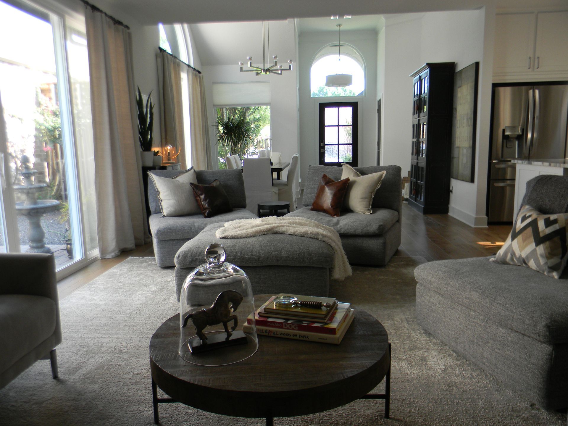 A living room with a couch and a coffee table