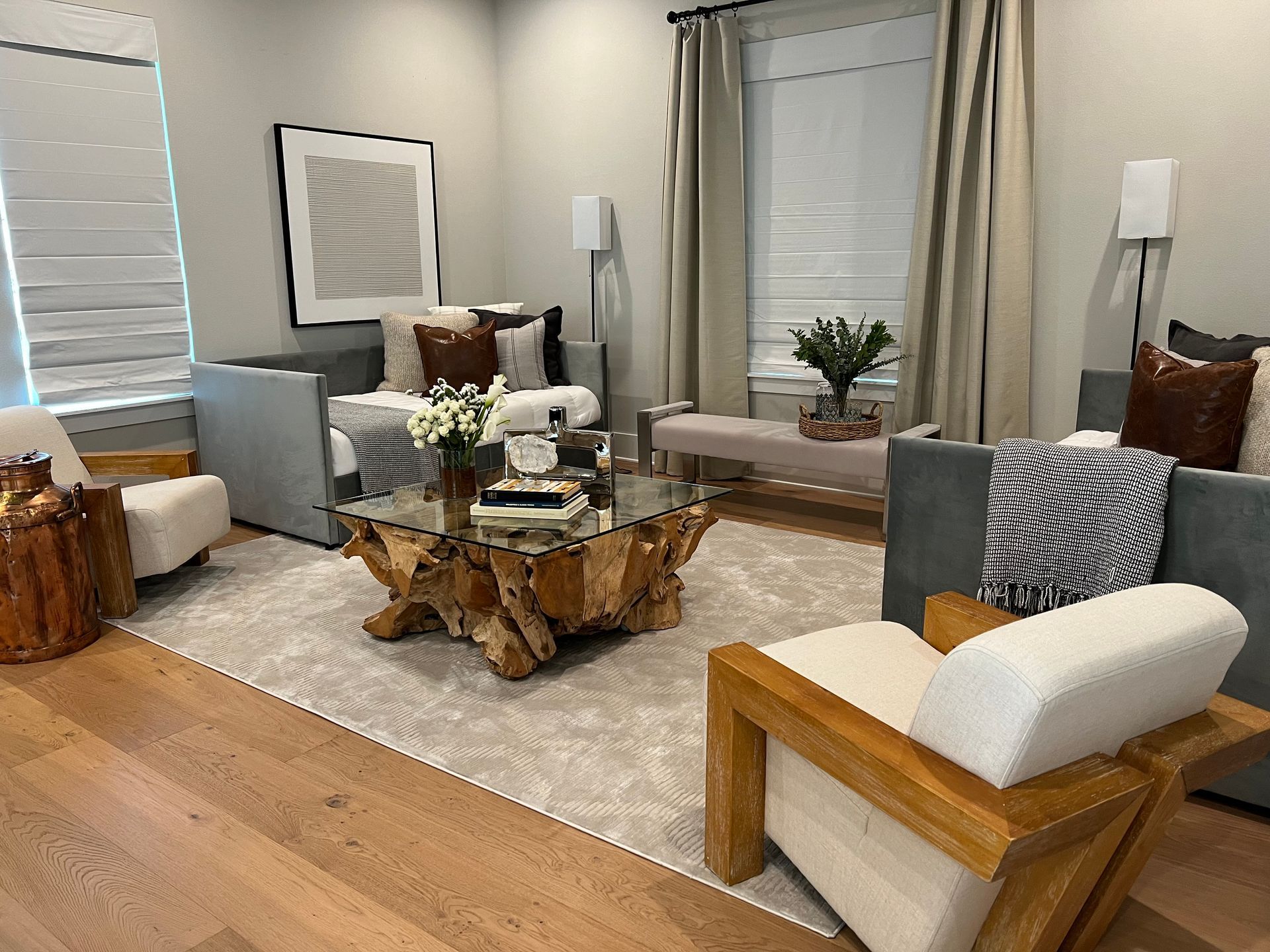 A living room filled with furniture and a coffee table.