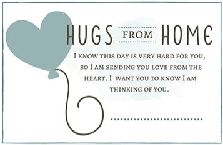 A card that says hugs from home on it