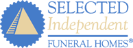 The logo for selected independent funeral homes shows a triangle in a blue circle.