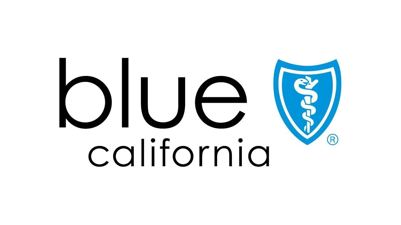 Blue California logo with the word "blue" in black, "california" below it, and a blue medical shield icon on the right.