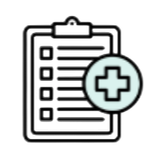 A clipboard with a checklist and a light blue circle containing a medical plus sign.