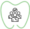 A light green outline of a tooth containing an icon of three people with medical symbols and a checkmark above them.